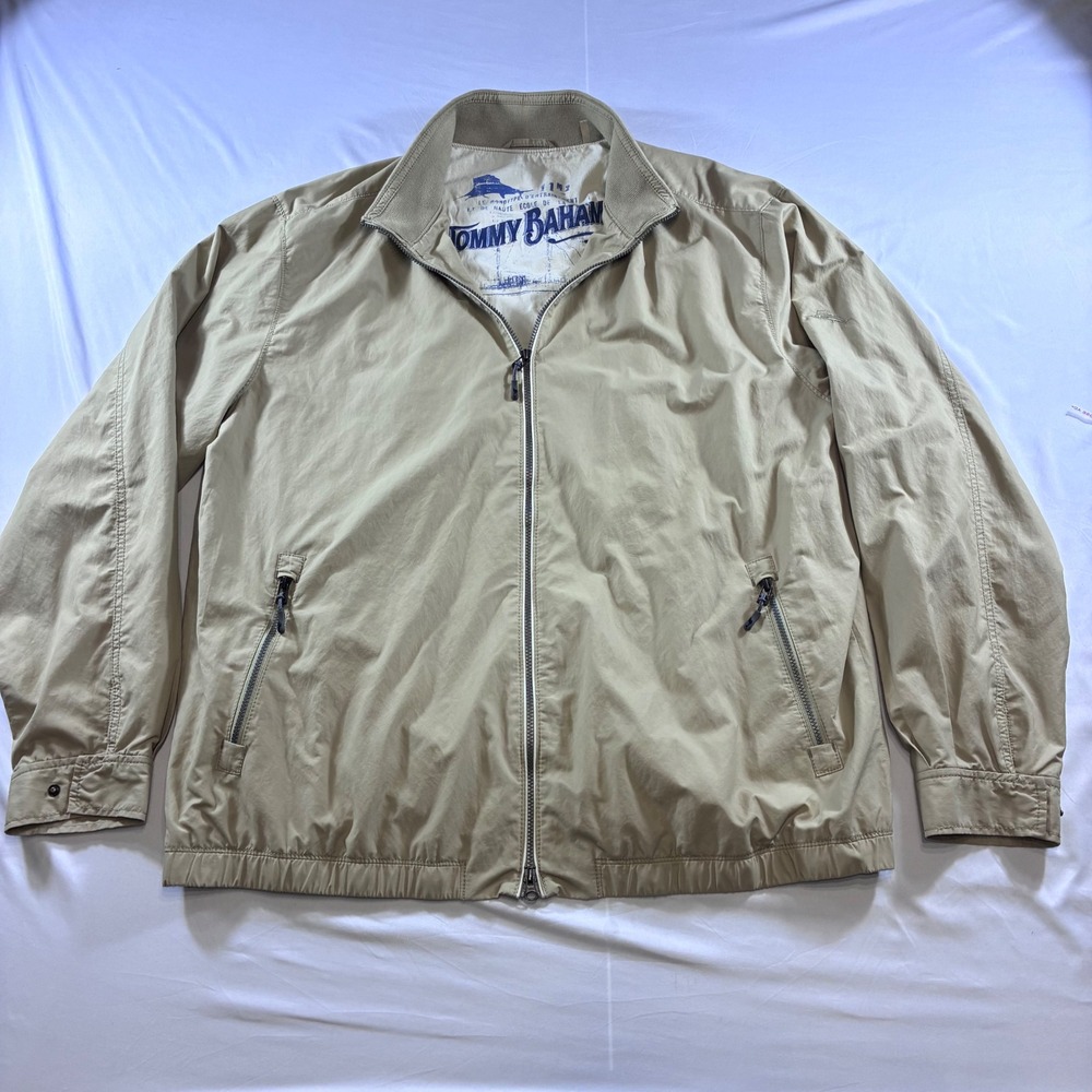 Tommy Bahama Mens 2XT Tan Khaki Full Zip Jacket Cotton‎ Nylon Marlin Logo Tall